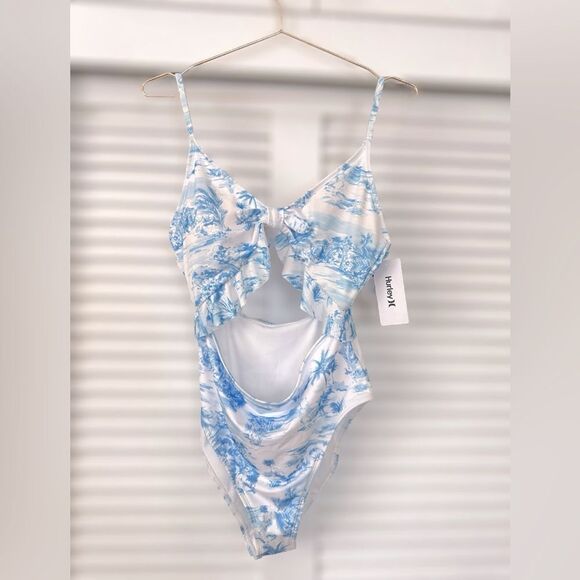 HURLEY Tropical Palm Tree Blue Cutout One Piece Swimsuit Size L - Picture 2 of 15